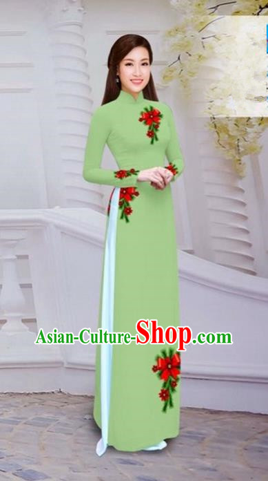 Top Grade Asian Vietnamese Traditional Dress, Vietnam Bride Ao Dai Hand Printing Flowers Dress, Vietnam Princess Fluorescent Green Dress Cheongsam Clothing for Women