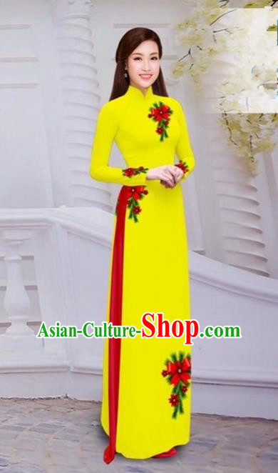 Top Grade Asian Vietnamese Traditional Dress, Vietnam Bride Ao Dai Hand Printing Flowers Dress, Vietnam Princess Yellow Dress Cheongsam Clothing for Women
