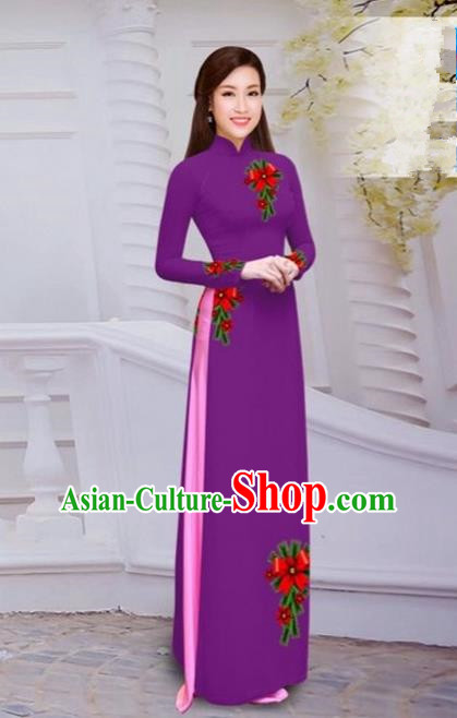 Top Grade Asian Vietnamese Traditional Dress, Vietnam Bride Ao Dai Hand Printing Flowers Dress, Vietnam Princess Amaranth Dress Cheongsam Clothing for Women