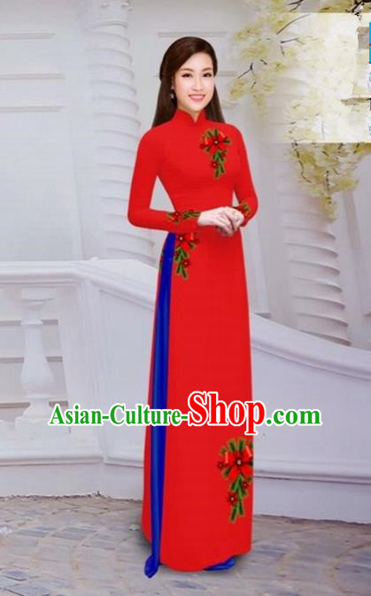 Top Grade Asian Vietnamese Traditional Dress, Vietnam Bride Ao Dai Hand Printing Flowers Dress, Vietnam Princess Red Dress Cheongsam Clothing for Women