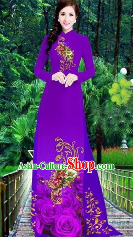 Top Grade Asian Vietnamese Traditional Dress, Vietnam Bride Ao Dai Dress, Princess Wedding Printing Peony Dress Purple Cheongsam Clothing for Women