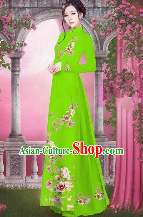 Top Grade Asian Vietnamese Traditional Dress, Vietnam Bride Ao Dai Printing Peach Blossom Flowers Dress, Vietnam Princess Light Green Dress Cheongsam Clothing for Women