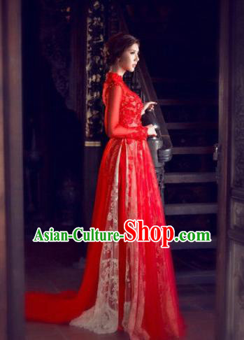 Top Grade Asian Vietnamese Traditional Dress, Vietnam Bride Ao Dai Dress, Vietnam Princess Wedding Lace Veil Dress Red Cheongsam Clothing for Women