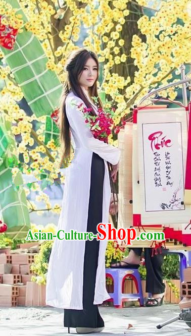 Top Grade Asian Vietnamese Traditional Dress, Vietnam Bride Ao Dai Dress, Vietnam Princess Wedding White Dress and Black Pants Cheongsam Clothing for Women