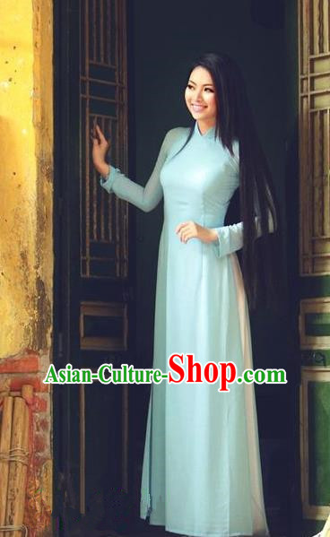 Top Grade Asian Vietnamese Traditional Dress, Vietnam Bride Ao Dai Dress, Vietnam Princess Wedding Blue Silk Dress and Loose Pants Cheongsam Clothing for Women