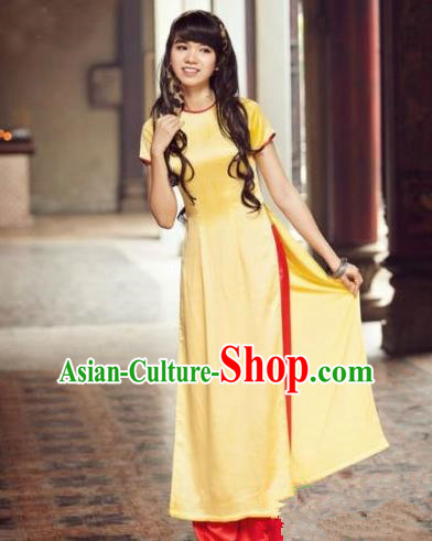 Top Grade Asian Vietnamese Traditional Dress, Vietnam Bride Ao Dai Dress, Vietnam Princess Wedding Yellow Dress and Loose Pants Cheongsam Clothing for Women