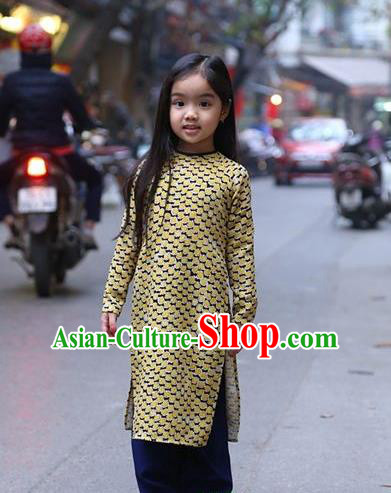 Top Grade Asian Vietnamese Traditional Dress, Vietnam National Children Ao Dai Dress, Vietnam Girls Golden Dress Cheongsam Clothing for Kids