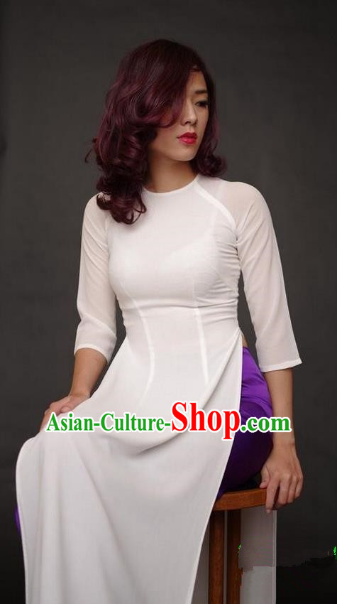 Top Grade Asian Vietnamese Traditional Dress, Vietnam National Dowager Ao Dai Dress, Vietnam White Dress and Satin Pants Complete Set Cheongsam Clothing for Woman