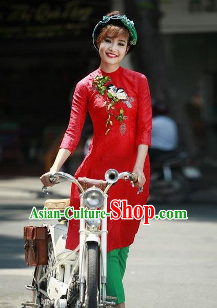 Top Grade Asian Vietnamese Traditional Dress, Vietnam National Female Ao Dai Dress, Vietnam Princess Red Cheongsam and Pants Wedding Clothing for Women