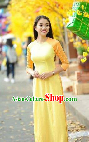 Top Grade Asian Vietnamese Traditional Dress, Vietnam National Young Lady Ao Dai Dress, Vietnam Bride Yellow Cheongsam and Pants Clothing Complete Set for Women