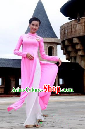 Top Grade Asian Vietnamese Traditional Dress, Vietnam National Young Lady Ao Dai Dress, Vietnam Bride Pink Cheongsam and Pants Complete Set for Women
