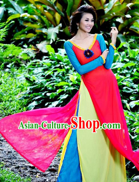 Top Grade Asian Vietnamese Traditional Dress, Vietnam National Young Lady Ao Dai Dress, Vietnam Lady Cheongsam and Pants Complete Set for Women