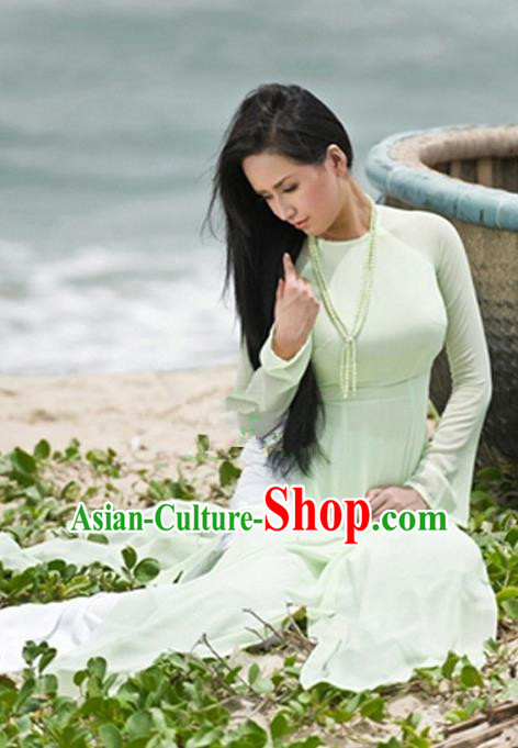 Top Grade Asian Vietnamese Traditional Dress, Vietnam National Princess Young Lady Ao Dai Dress, Vietnam Lady Green Cheongsam and Pants Complete Set for Women