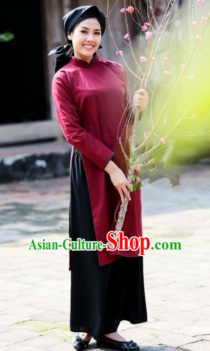 Top Grade Asian Vietnamese Traditional Dress, Vietnam National Dowager Ao Dai Dress, Vietnam Wine Red Cheongsam and Pants Clothing for Woman