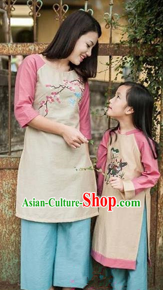 Top Grade Asian Vietnamese Traditional Dress, Vietnam National Farmwife Ao Dai Dress, Vietnam Embroider Plum blossom Ao Dai Cheongsam Mother-child Dress Clothing for Woman