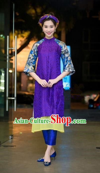 Top Grade Asian Vietnamese Traditional Dress, Vietnam National Princess Ao Dai Dress, Vietnam Purple Ao Dai Cheongsam Dress Headwear Clothing Complete Set for Woman