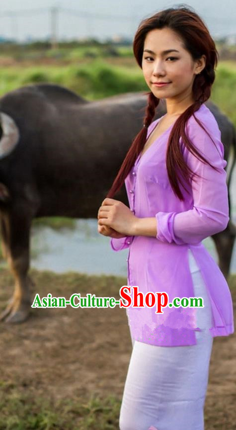 Top Grade Asian Vietnamese Traditional Dress, Vietnam National Farmwife Ao Dai Dress, Vietnam Purple Ao Dai Blouse and Pants for Woman