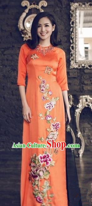 Top Grade Asian Vietnamese Traditional Dress, Vietnam National Princess Ao Dai Dress, Vietnam Orange Patch Embroidered Ao Dai Cheongsam Dress and Pants Clothing for Woman