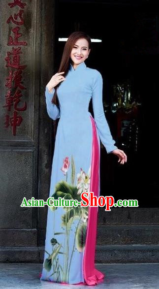 Traditional Top Grade Asian Vietnamese Dress, Vietnam National Female Ao Dai Dress Women Blue Printing Lotus Cheongsam Clothing