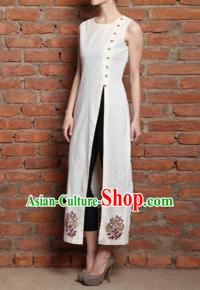 Traditional Top Grade Asian Vietnamese Dress, Vietnam National Female Ao Dai Dress Women White Embroidered Cheongsam Clothing