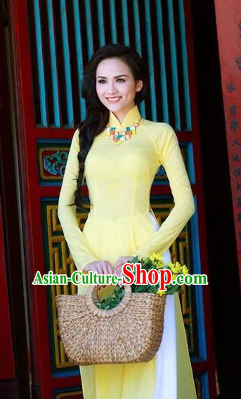 Traditional Top Grade Asian Vietnamese Dress, Vietnam National Female Ao Dai Dress Women Yellow Embroidered Suit Cheongsam Clothing