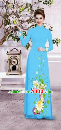 Traditional Top Grade Asian Vietnamese Dress, Vietnam National Female Ao Dai Dress Women Blue Printing Flowers Suit Cheongsam Clothing