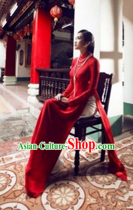 Traditional Top Grade Asian Vietnamese Costumes Red Full Dress, Vietnam National Female Handmade Ao Dai Dress Cheongsam Clothing for Women