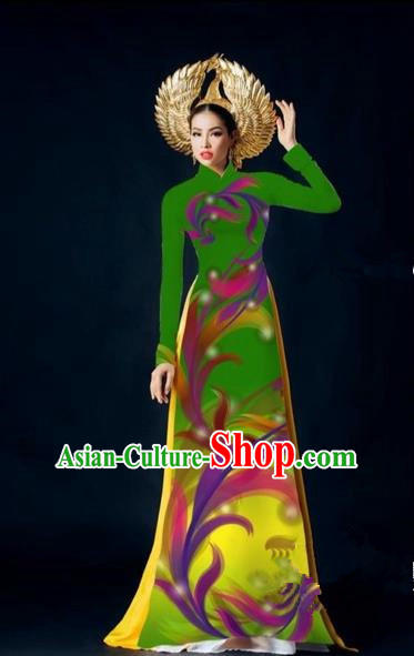 Traditional Top Grade Asian Vietnamese Costumes Dance Dress, Vietnam National Female Handmade Green Printing Ao Dai Dress Cheongsam Clothing for Women