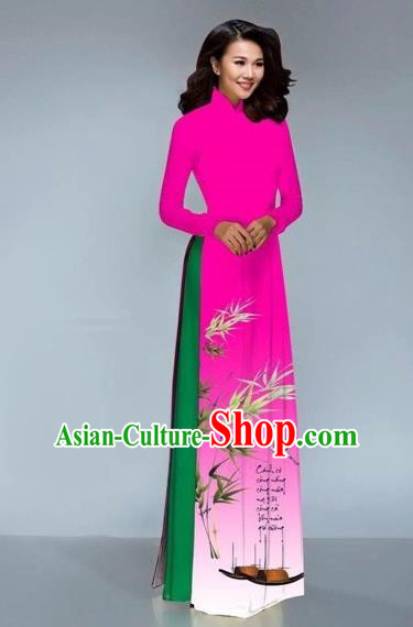 Traditional Top Grade Asian Vietnamese Costumes Dance Dress, Vietnam National Female Handmade Printing Bamboo Rose Ao Dai Dress Cheongsam Clothing for Women