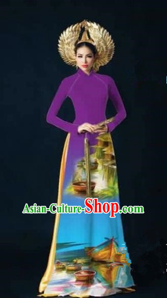 Traditional Top Grade Asian Vietnamese Costumes Dance Dress, Vietnam National Female Handmade Printing Purple Ao Dai Dress Cheongsam Clothing for Women