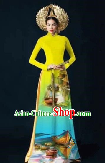 Traditional Top Grade Asian Vietnamese Costumes Dance Dress, Vietnam National Female Handmade Printing Yellow Ao Dai Dress Cheongsam Clothing for Women