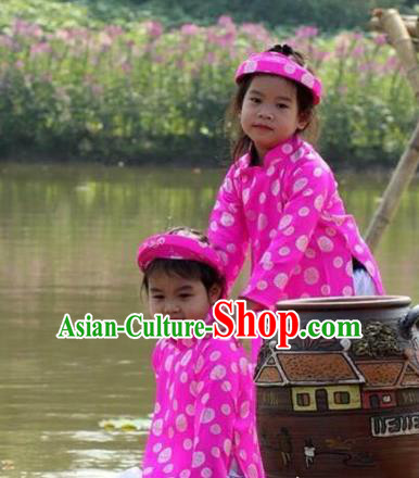 Traditional Top Grade Asian Vietnamese Costumes Dance Dress, Vietnam National Children Handmade Printing Pink Ao Dai Dress Cheongsam Clothing for Kids