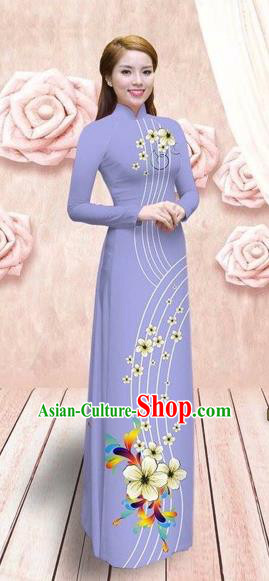 Traditional Top Grade Asian Vietnamese Costumes Dance Dress, Vietnam National Female Handmade Queen Printing Purple Chiffon Ao Dai Dress Cheongsam Clothing for Women