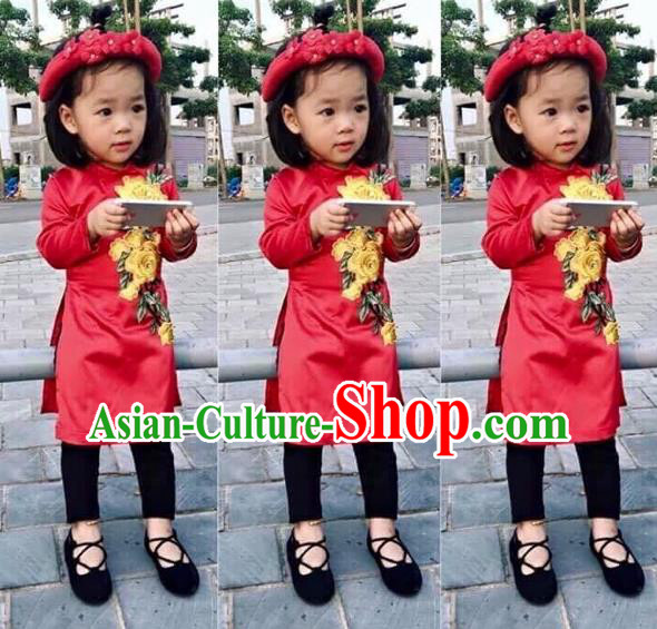 Traditional Top Grade Asian Vietnamese Costumes Dance Dress, Vietnam National Children Ao Dai Dress Embroidered Red Cheongsam Clothing for Girls