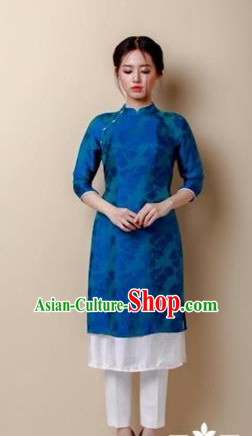 Traditional Top Grade Asian Vietnamese Costumes Dance Dress, Vietnam National Women Ao Dai Dress Blue Embroidered Short Cheongsam Clothing