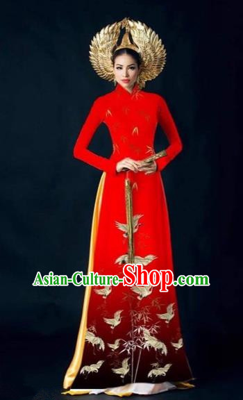 Traditional Top Grade Asian Vietnamese Costumes Dance Dress and Pants Complete Set, Vietnam National Women Ao Dai Dress Crane Painting Red Cheongsam Clothing