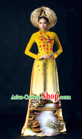 Traditional Top Grade Asian Vietnamese Costumes Dance Dress, Vietnam National Women Ao Dai Dress Printing Plum Blossom Yellow Cheongsam Clothing
