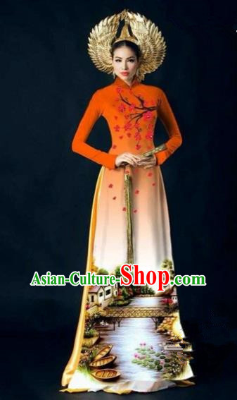 Traditional Top Grade Asian Vietnamese Costumes Dance Dress, Vietnam National Women Ao Dai Dress Printing Plum Blossom Orange Cheongsam Clothing
