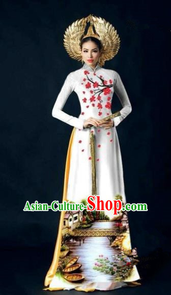 Traditional Top Grade Asian Vietnamese Costumes Dance Dress, Vietnam National Women Ao Dai Dress Printing Plum Blossom White Cheongsam Clothing