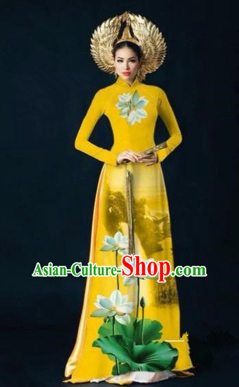 Traditional Top Grade Asian Vietnamese Costumes Dance Dress, Vietnam National Women Ao Dai Dress Ink Painting Lotus Yellow Cheongsam Clothing