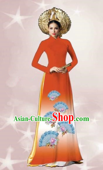 Traditional Top Grade Asian Vietnamese Costumes Dance Dress, Vietnam National Women Ao Dai Dress Printing Orange Cheongsam Clothing