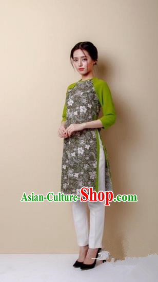 Traditional Top Grade Asian Vietnamese Costumes Dance Dress, Vietnam National Female Handmade Green Ao Dai Dress Cheongsam Clothing for Women