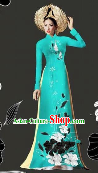 Traditional Top Grade Asian Vietnamese Costumes Dance Dress and Loose Pants, Vietnam National Female Handmade Printing Blue Ao Dai Dress Cheongsam Clothing for Women