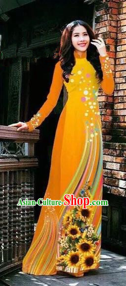 Traditional Top Grade Asian Vietnamese Costumes Handmade Dance Dress, Vietnam National Female Printing Orange Ao Dai Dress Cheongsam Clothing for Women