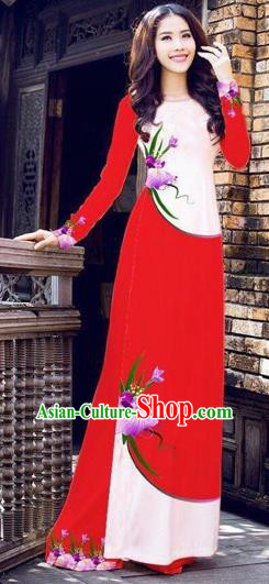 Traditional Top Grade Asian Vietnamese Costumes Handmade Dance Dress, Vietnam National Female Printing Flowers Red Ao Dai Dress Cheongsam Clothing for Women