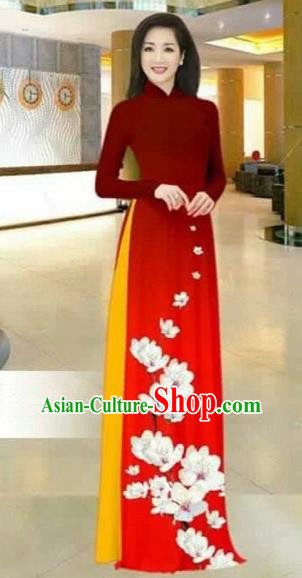 Traditional Top Grade Asian Vietnamese Costumes Dance Dress, Vietnam National Female Printing Flowers Red Ao Dai Dress Stand Collar Cheongsam Clothing for Women