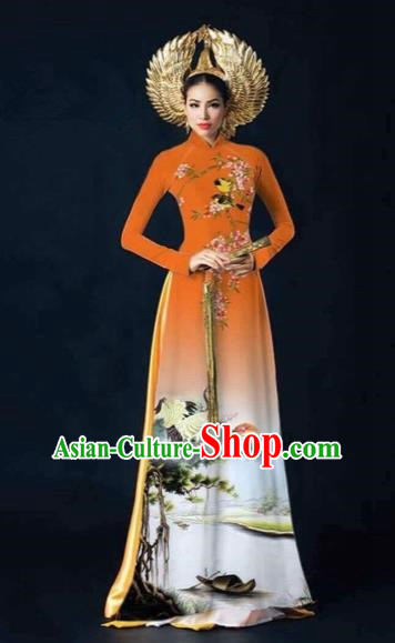 Traditional Top Grade Asian Vietnamese Costumes Dance Dress and Pants, Vietnam National Female Printing Crane Orange Ao Dai Dress Cheongsam Clothing Complete Set for Women