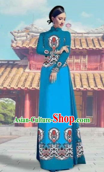 Traditional Top Grade Asian Vietnamese Costumes Dance Dress and Pants, Vietnam National Female Printing Blue Ao Dai Dress Cheongsam Clothing Complete Set for Women