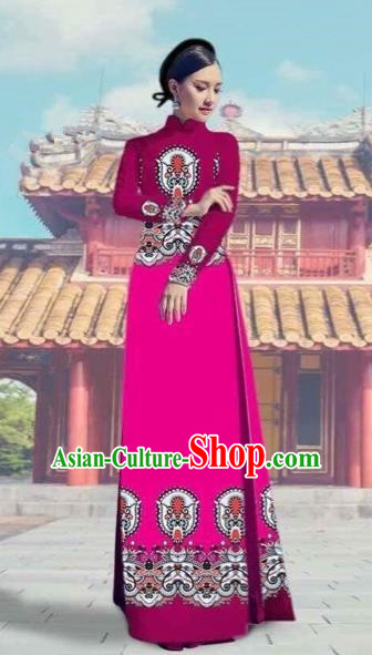 Traditional Top Grade Asian Vietnamese Costumes Dance Dress and Pants, Vietnam National Female Printing Rose Ao Dai Dress Cheongsam Clothing Complete Set for Women