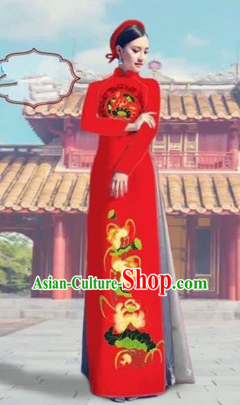 Traditional Top Grade Asian Vietnamese Costumes Dance Dress, Vietnam National Female Printing Lotus Red Ao Dai Dress Cheongsam Clothing Complete Set for Women